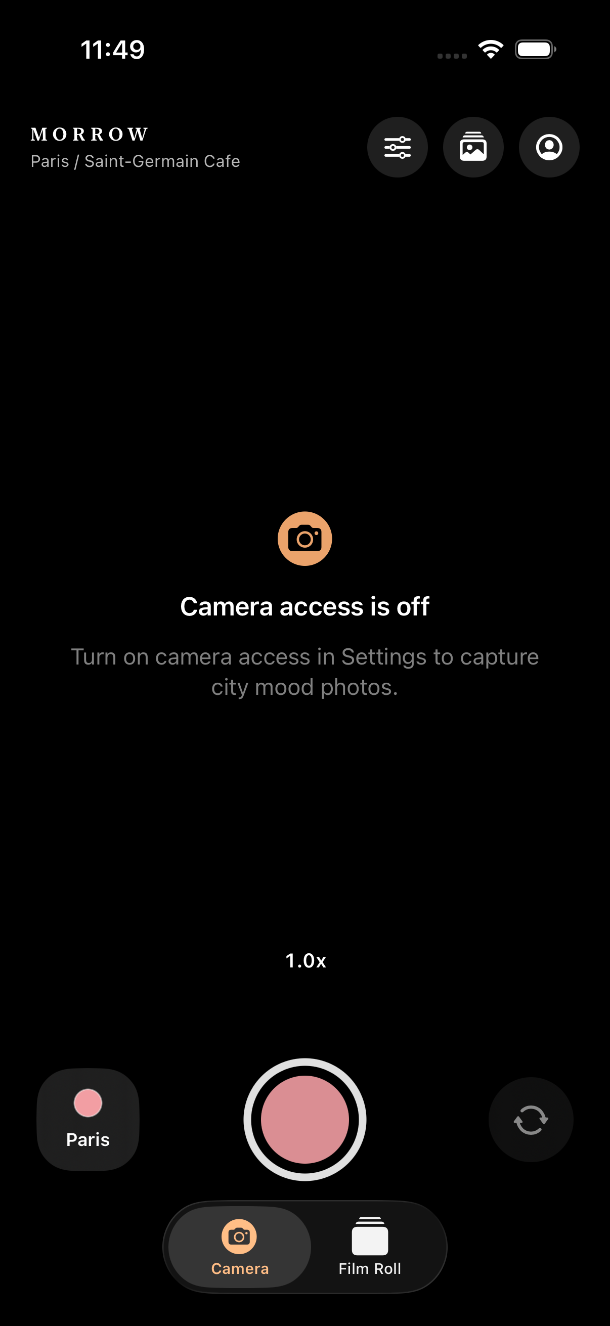 Morrow Camera interface with Paris Saint-Germain Cafe selected
